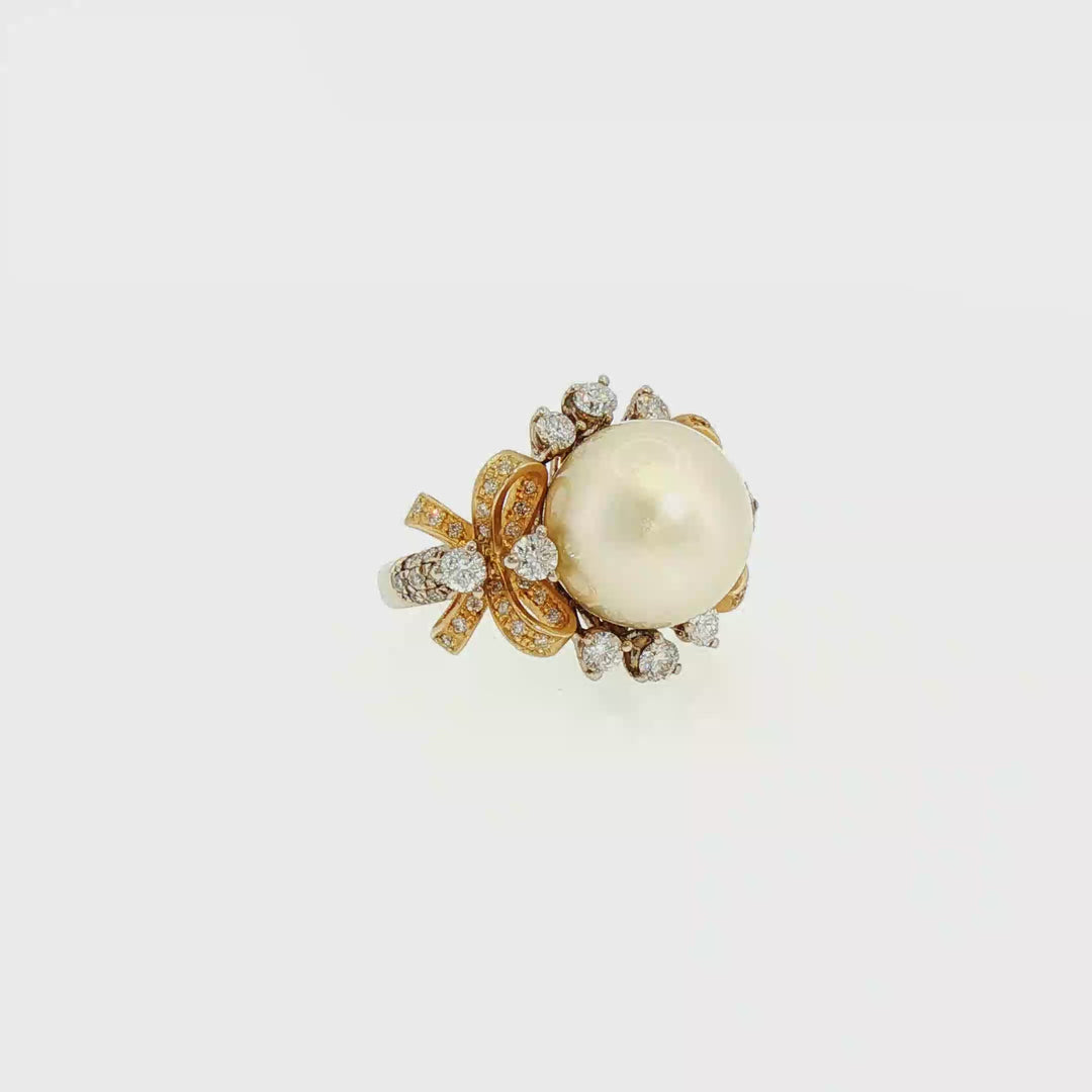 14k Gold South Sea Pearl Cocktail Ring with Diamond Bow Motif