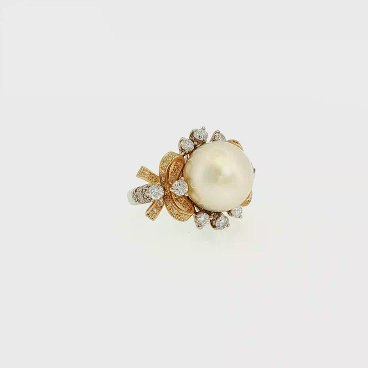 14k Gold South Sea Pearl Cocktail Ring with Diamond Bow Motif
