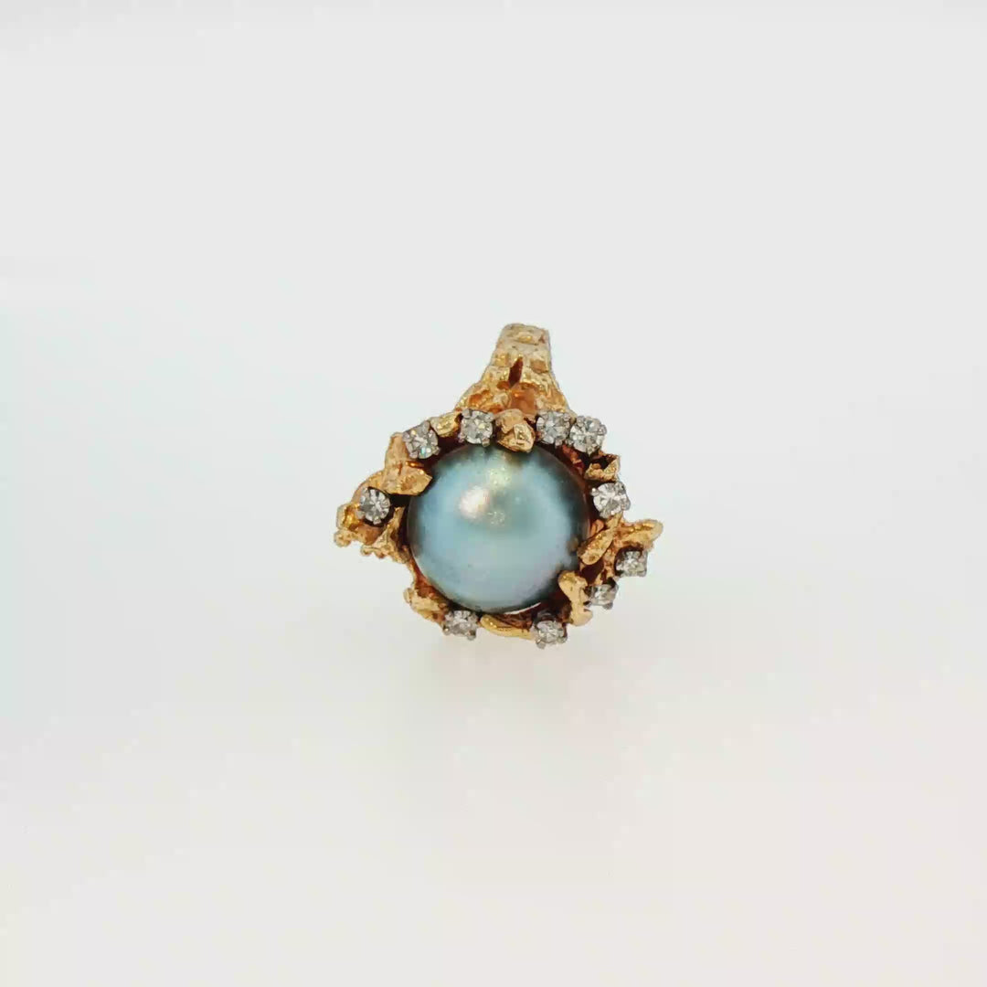 Textured Antique  "Brutalist" Style 14k Yellow Gold Mabe Pearl and Diamond Accent Cocktail Ring
