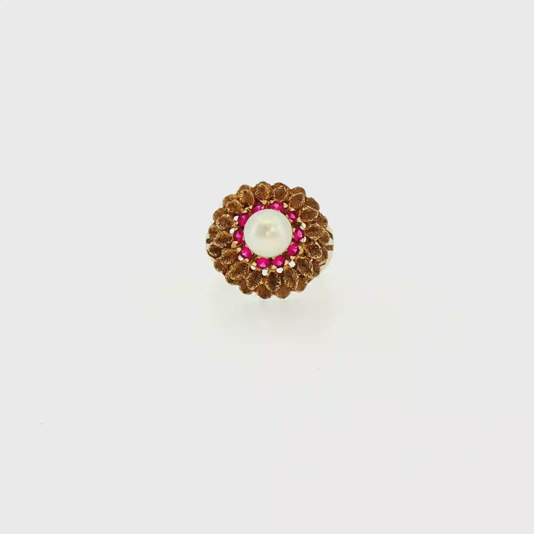 Antique Floral Pearl and Ruby Cocktail Ring in Yellow Gold