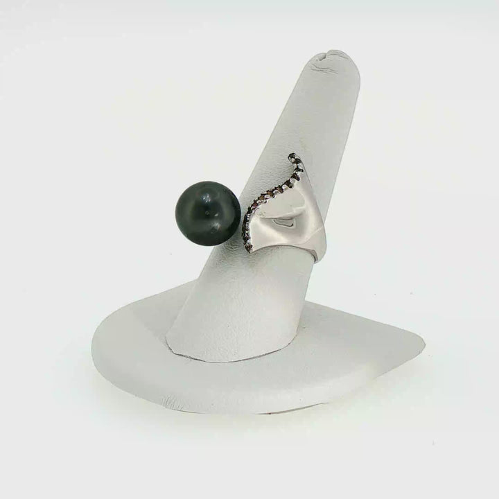 Modern Asymmetrical Tahitian Black Pearl Cocktail Ring
