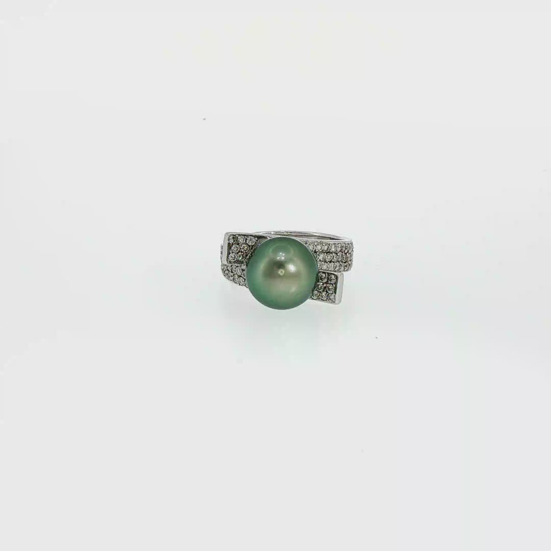 Tahitian Pearl 18k White Gold Pearl Bypass Cocktail Ring with Diamond Accents