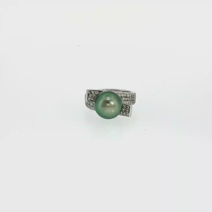 Tahitian Pearl 18k White Gold Pearl Bypass Cocktail Ring with Diamond Accents