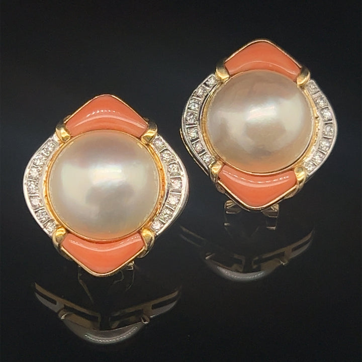 14k Mabe Pearl Coral Diamond Earrings